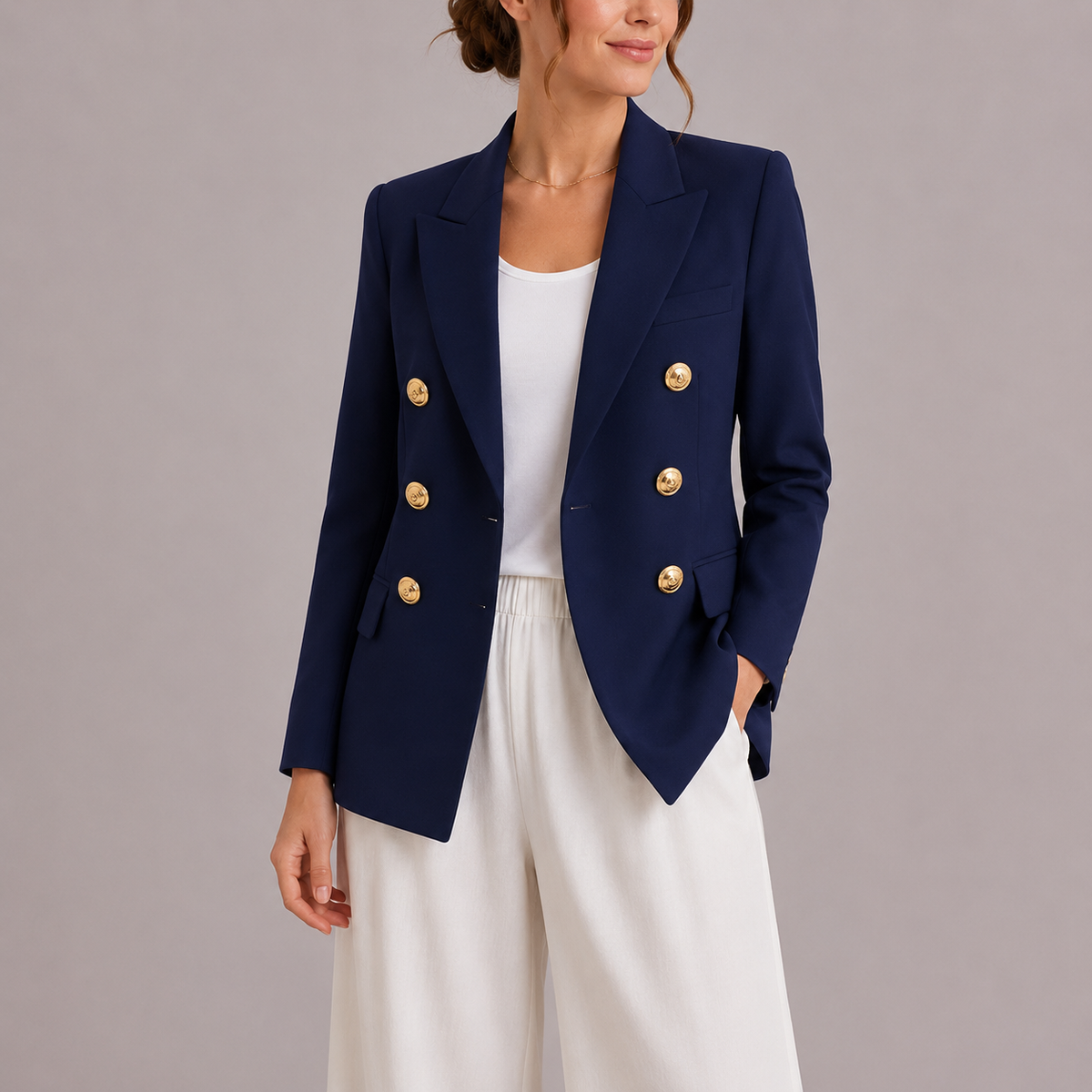 Blazer als Zweireiher mit goldfarbenen Knöpfen für Damen - Marineblau