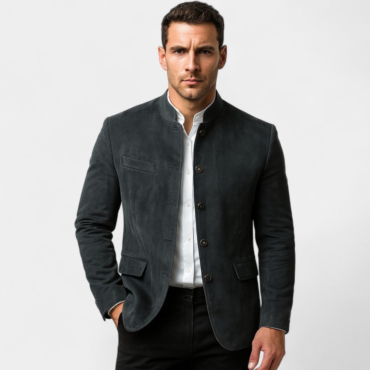 Suede-Look Stand-Collar Tailored Jacket - Dark grey