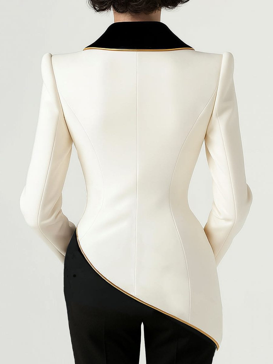 Asymmetric Blazer with Contrast Lapels - White