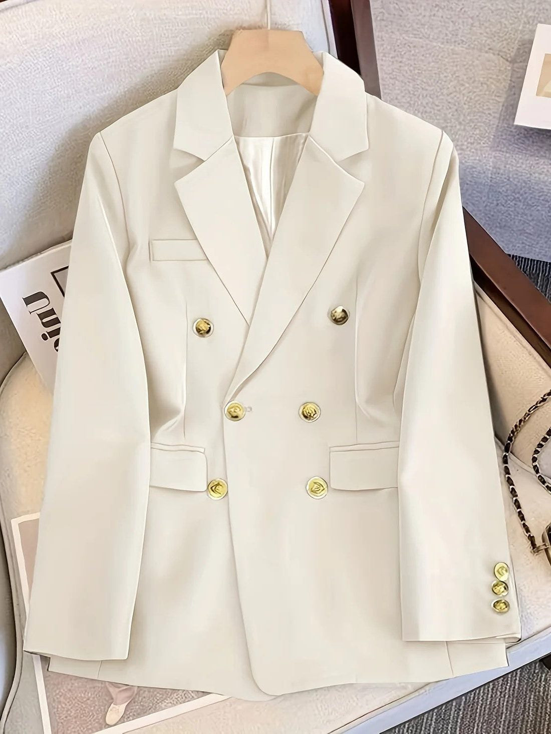Double-Breasted Blazer with Notched Lapels - Cream