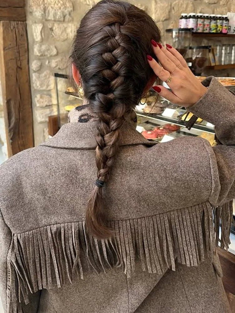 Fringed Blazer with Lapel Collar - Brown