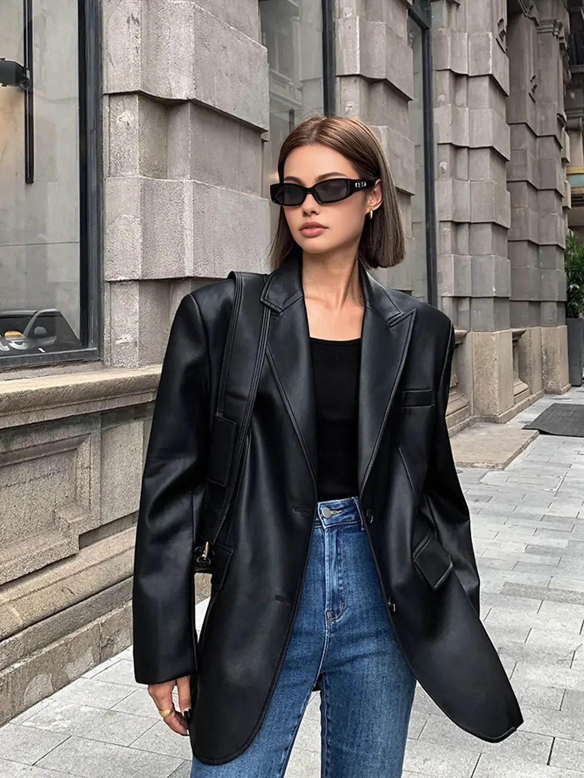 Oversized Faux Leather Blazer with Notch Lapels - Black