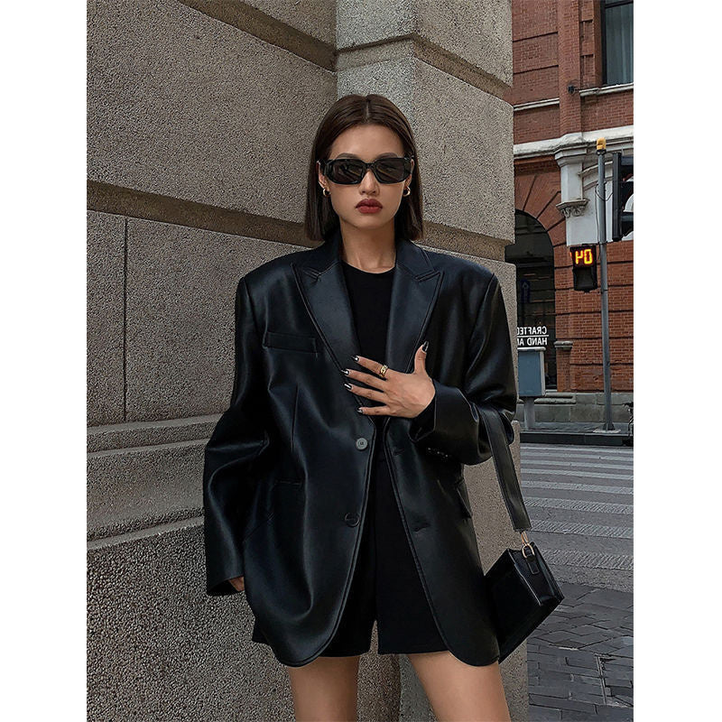 Oversized Faux Leather Blazer with Notch Lapels - Black