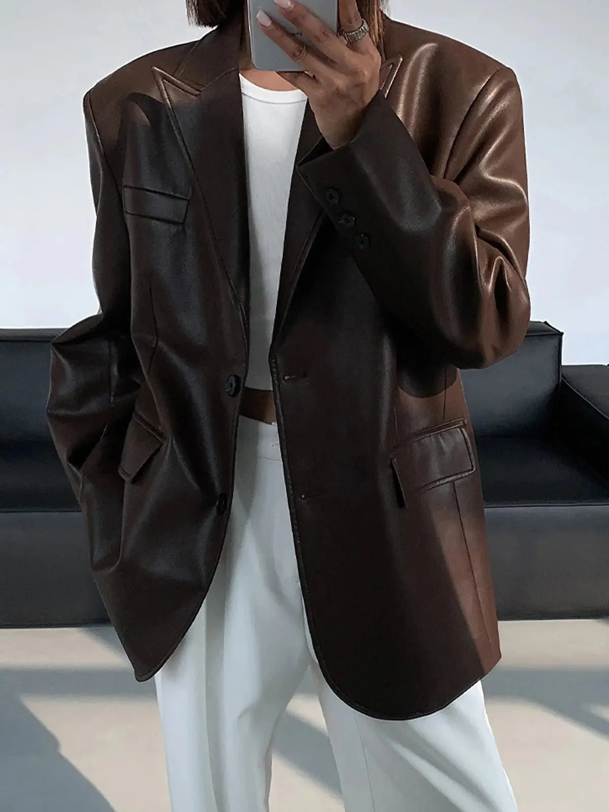 Oversized Faux Leather Blazer with Notch Lapels - Brown