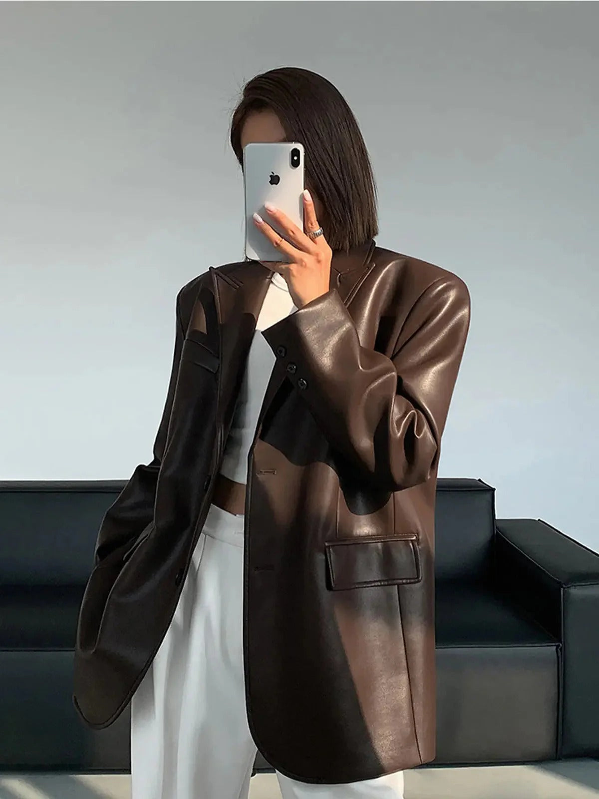 Oversized Faux Leather Blazer with Notch Lapels - Brown