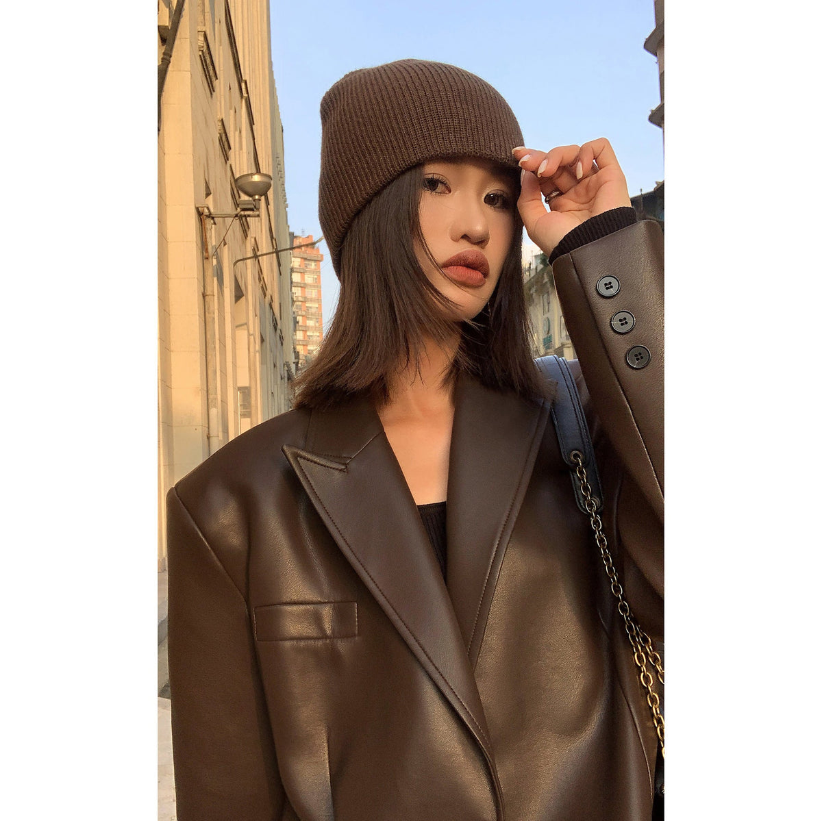 Oversized Faux Leather Blazer with Notch Lapels - Brown