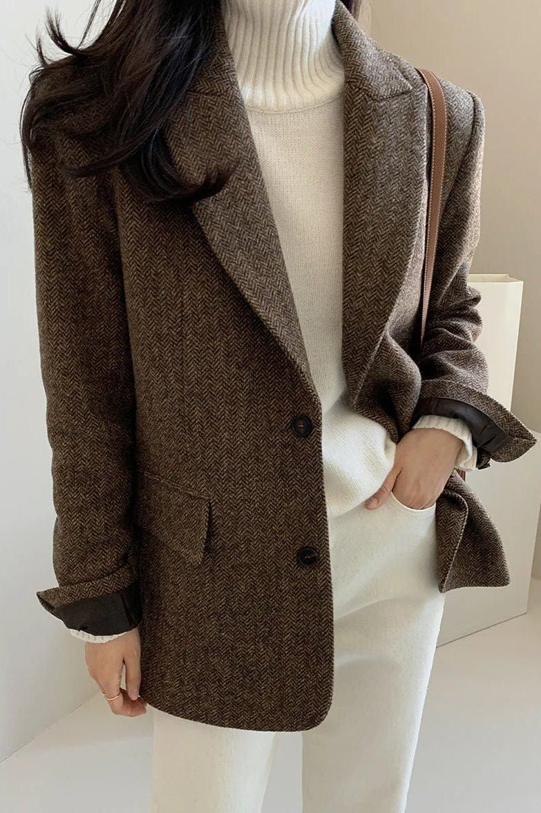 Oversized Longline Blazer with Notched Collar - Brown