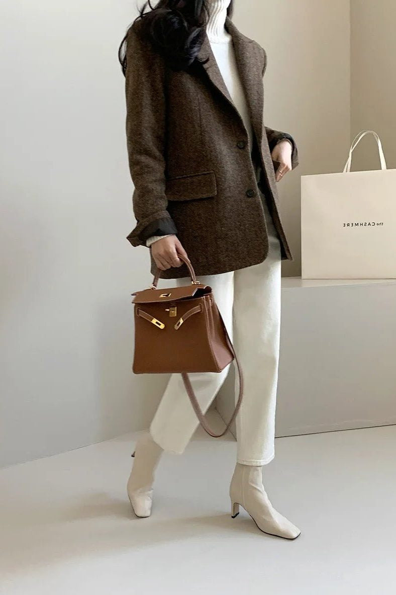 Oversized Longline Blazer with Notched Collar - Brown