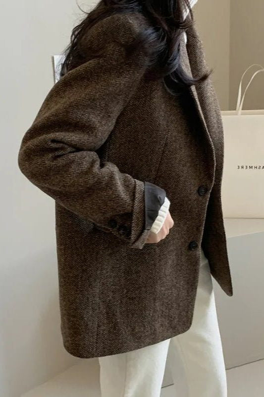 Oversized Longline Blazer with Notched Collar - Brown