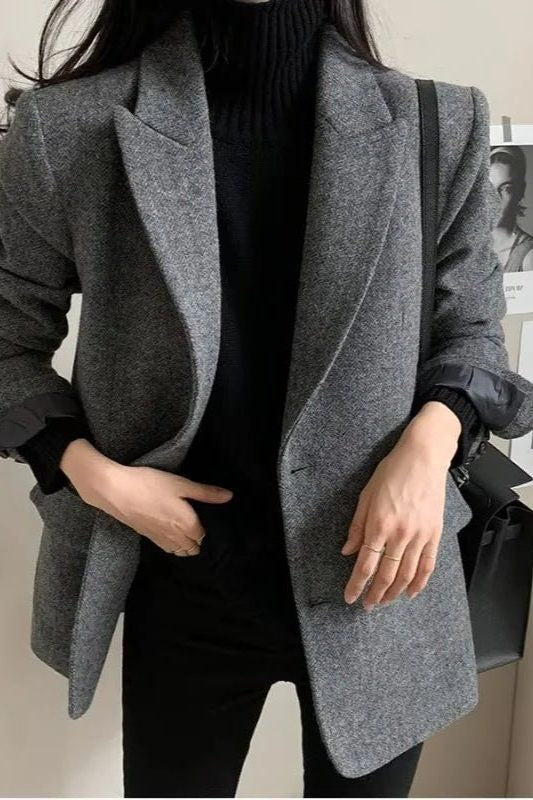 Oversized Longline Blazer with Notched Collar - Grey