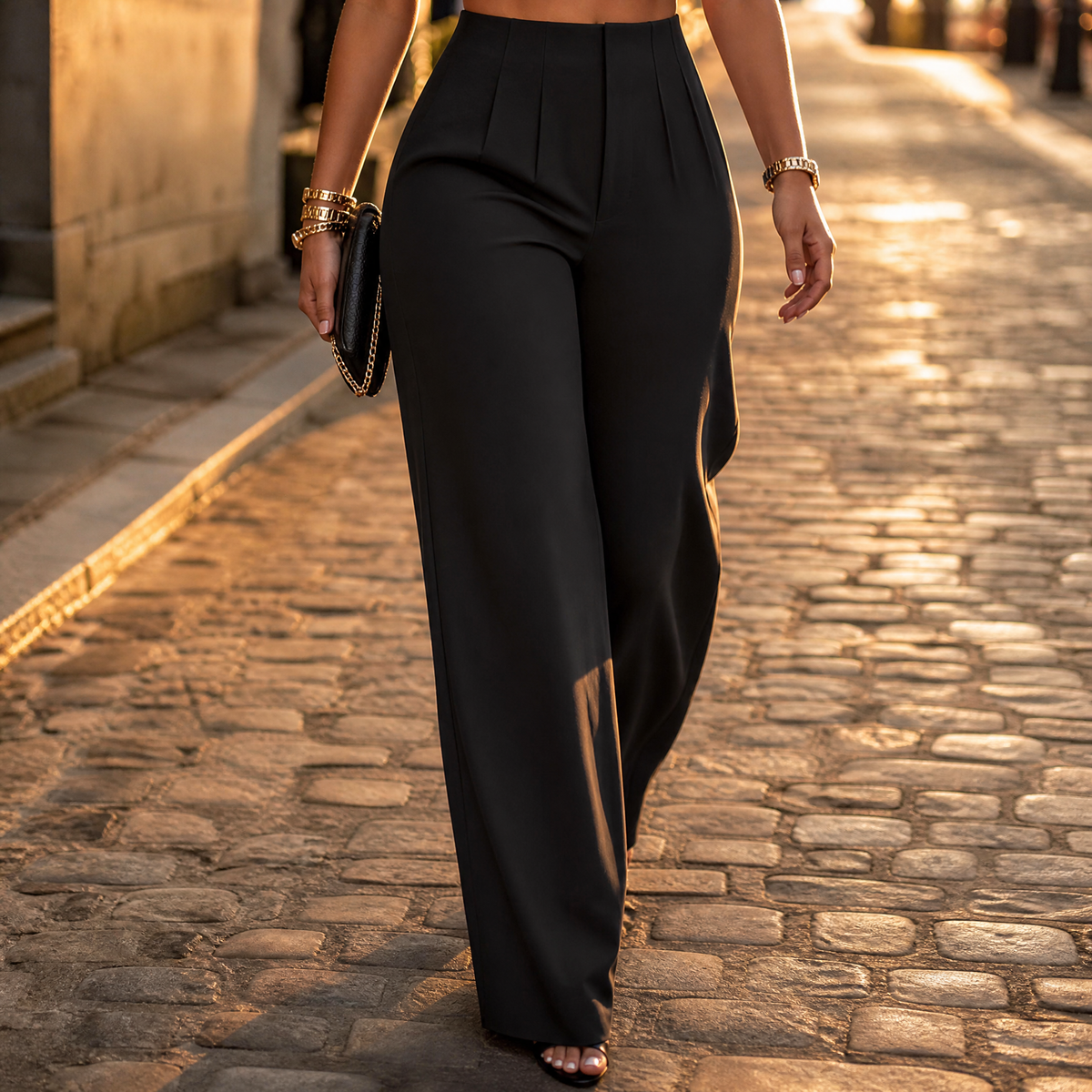 Bundfaltenhose mit hohem Bund und weitem Bein für Damen