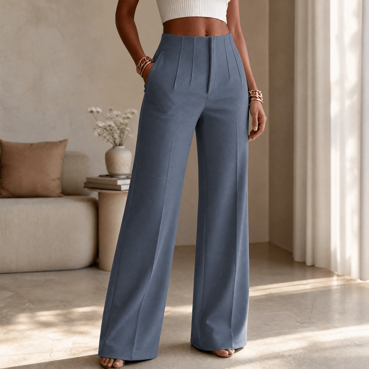 Bundfaltenhose mit hohem Bund und weitem Bein für Damen