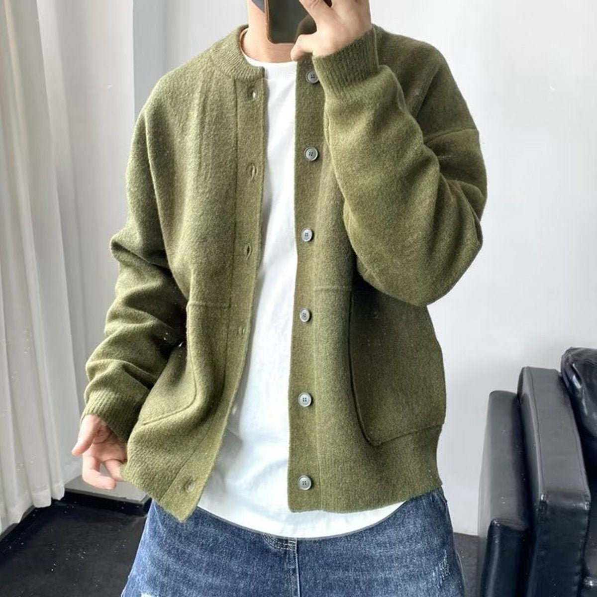 Oversized Crew-Neck Cardigan with Patch Pockets - Green