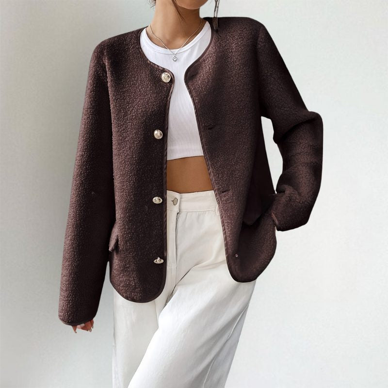 Collarless Button-Front Cardigan with Patch Pockets - Dark Brown