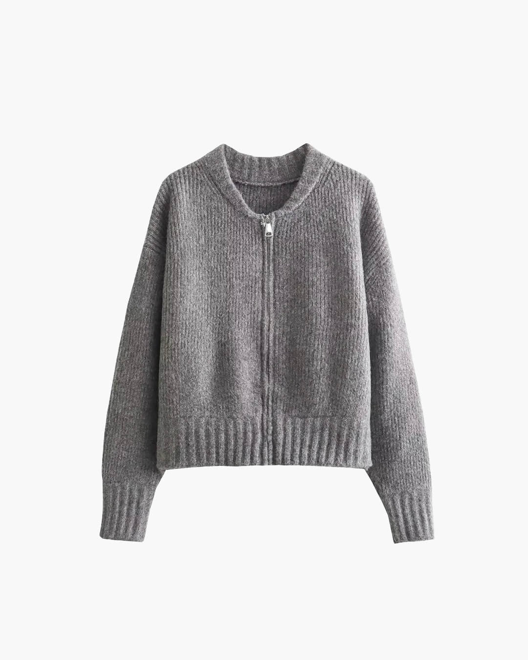 Cropped Zip-Up Knit Cardigan with Round Neck - Grey