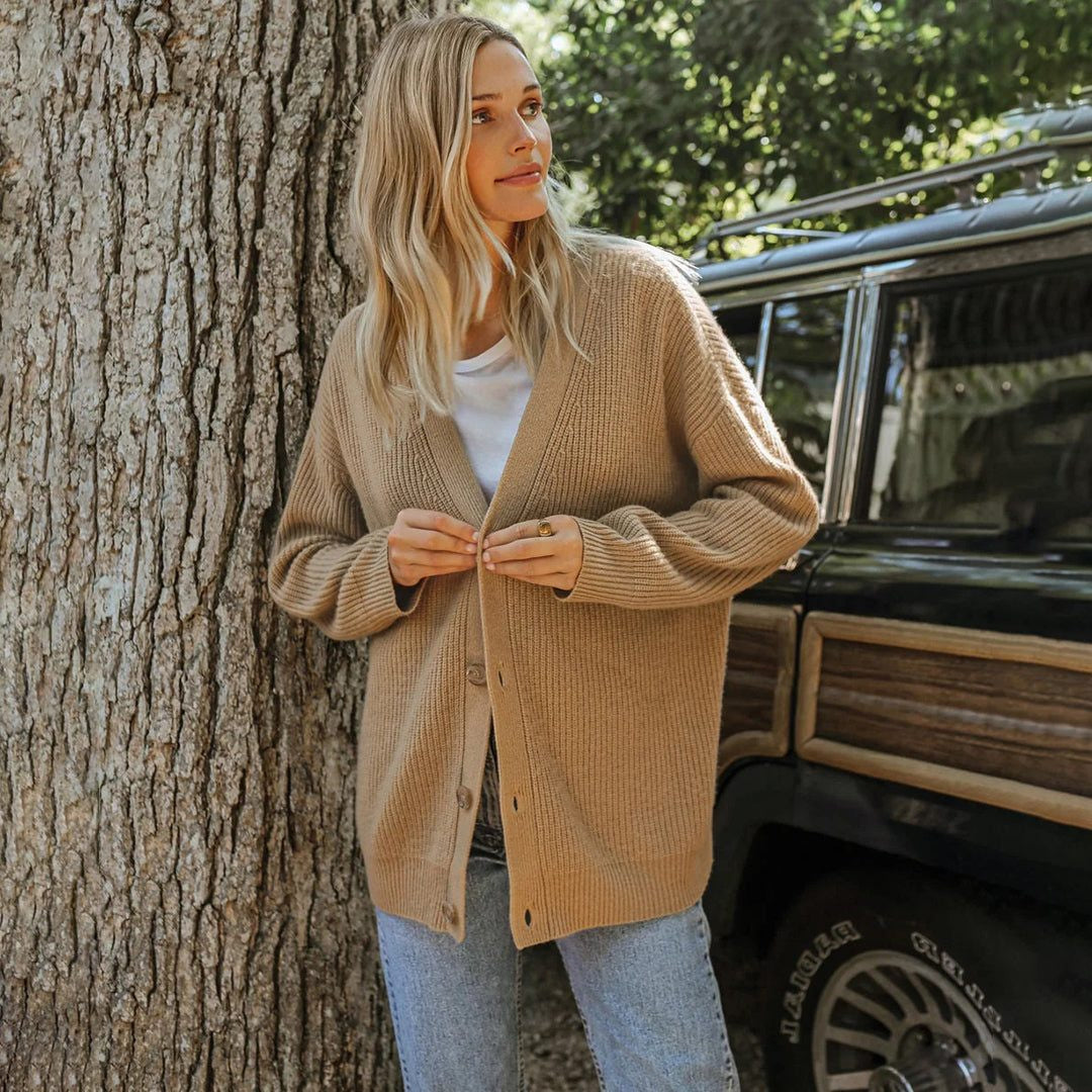 Oversized V-Neck Ribbed Cardigan - Khaki