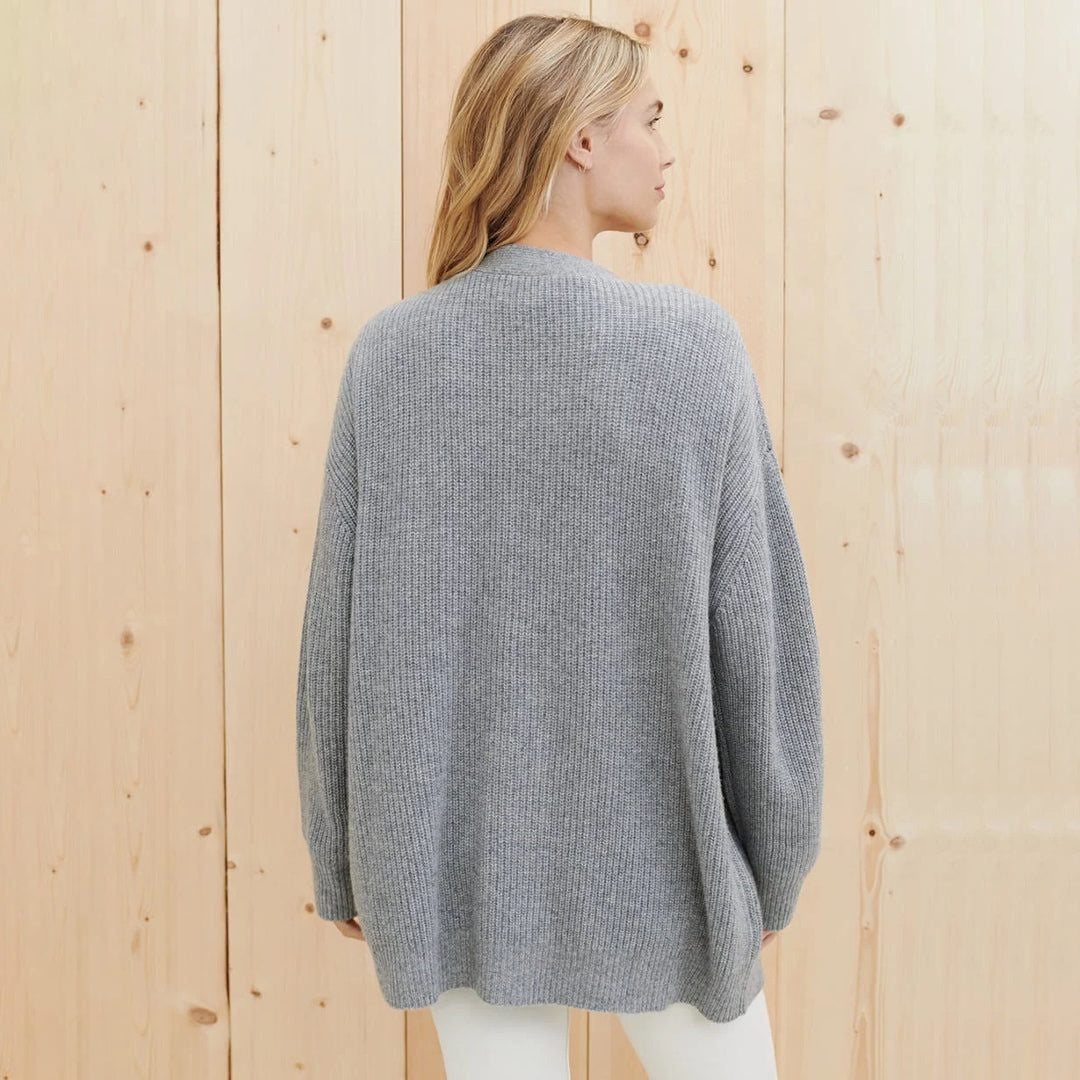 Oversized V-Neck Ribbed Cardigan - Light Grey
