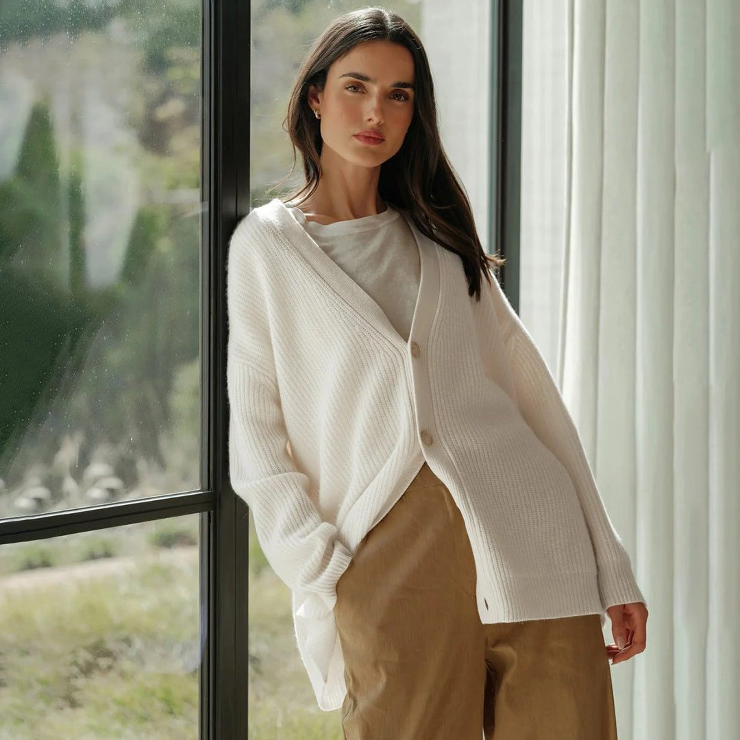 Oversized V-Neck Ribbed Cardigan - White
