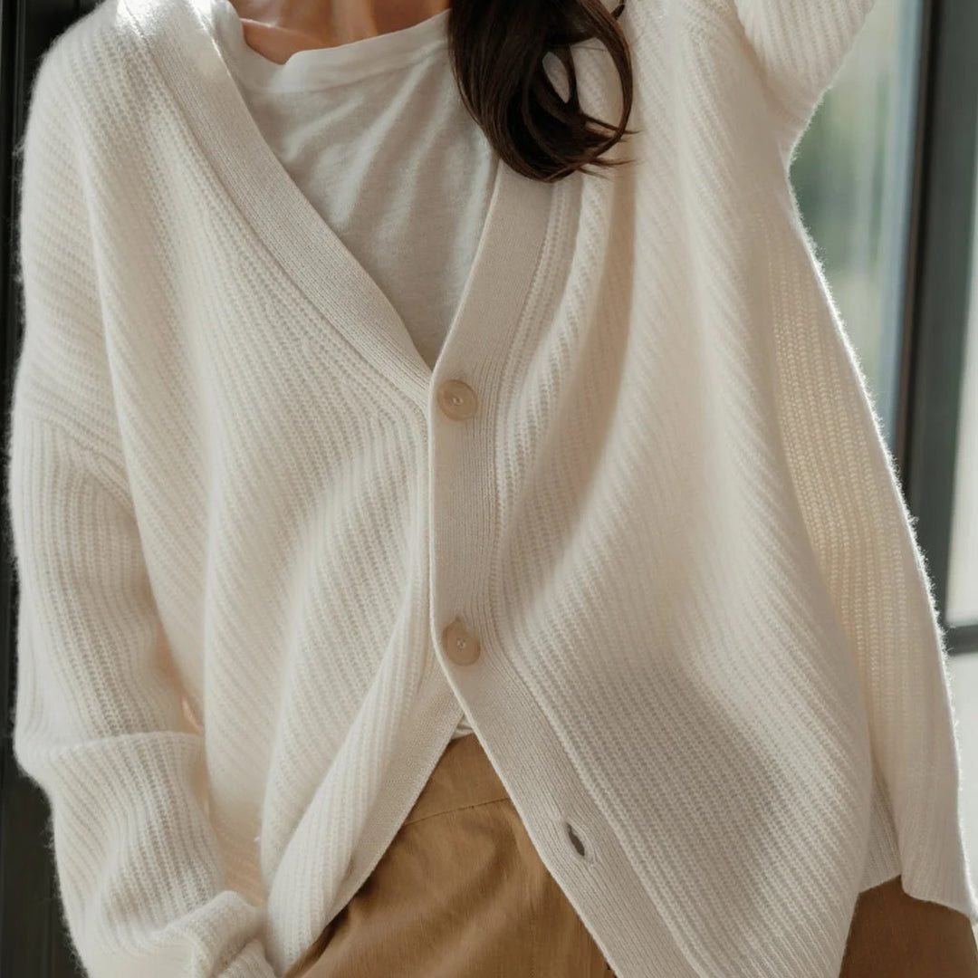 Oversized V-Neck Ribbed Cardigan - White