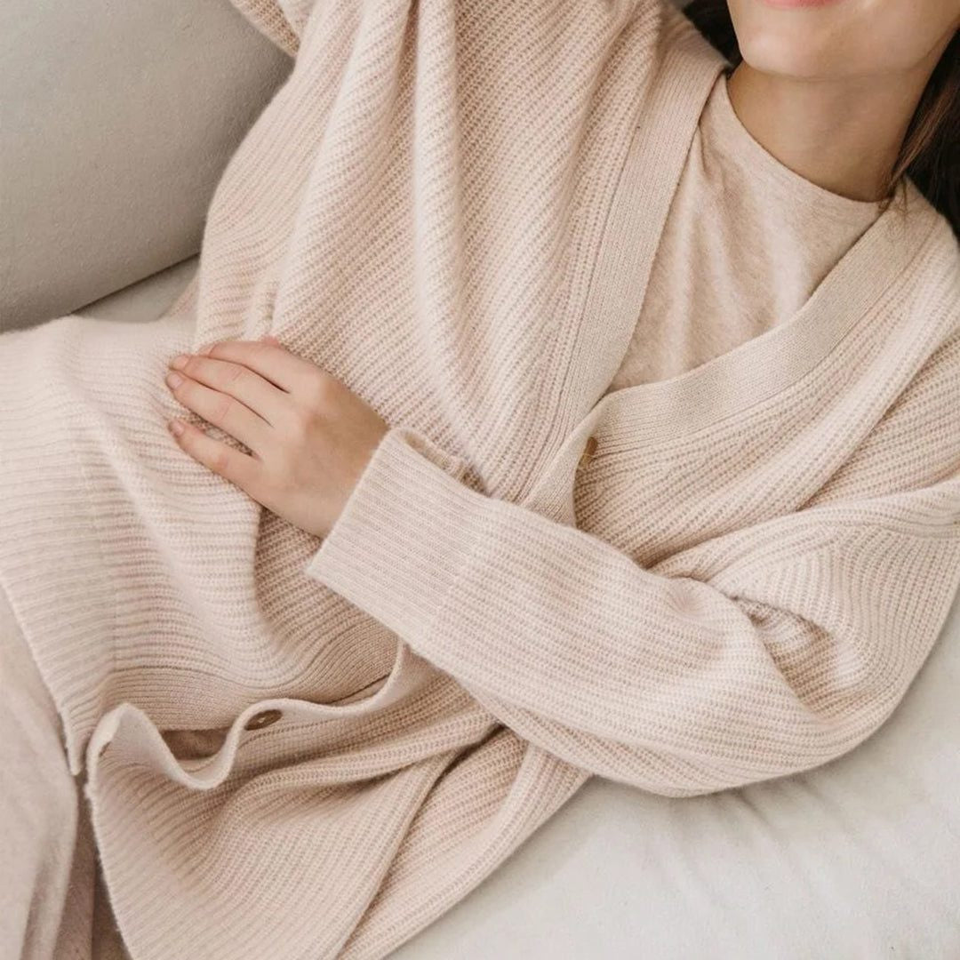 Oversized V-Neck Ribbed Cardigan - Pink