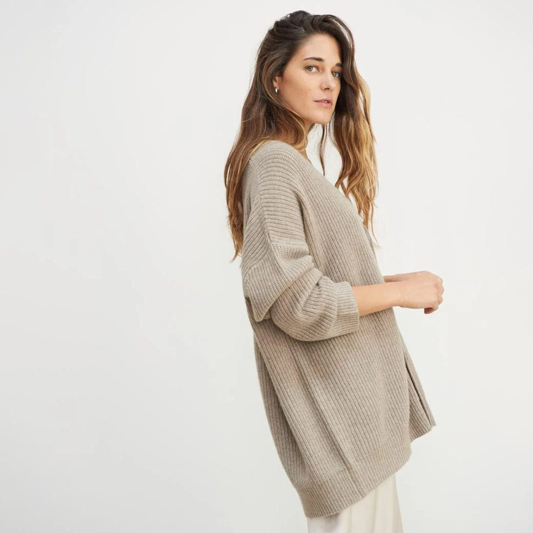 Oversized V-Neck Ribbed Cardigan - Beige