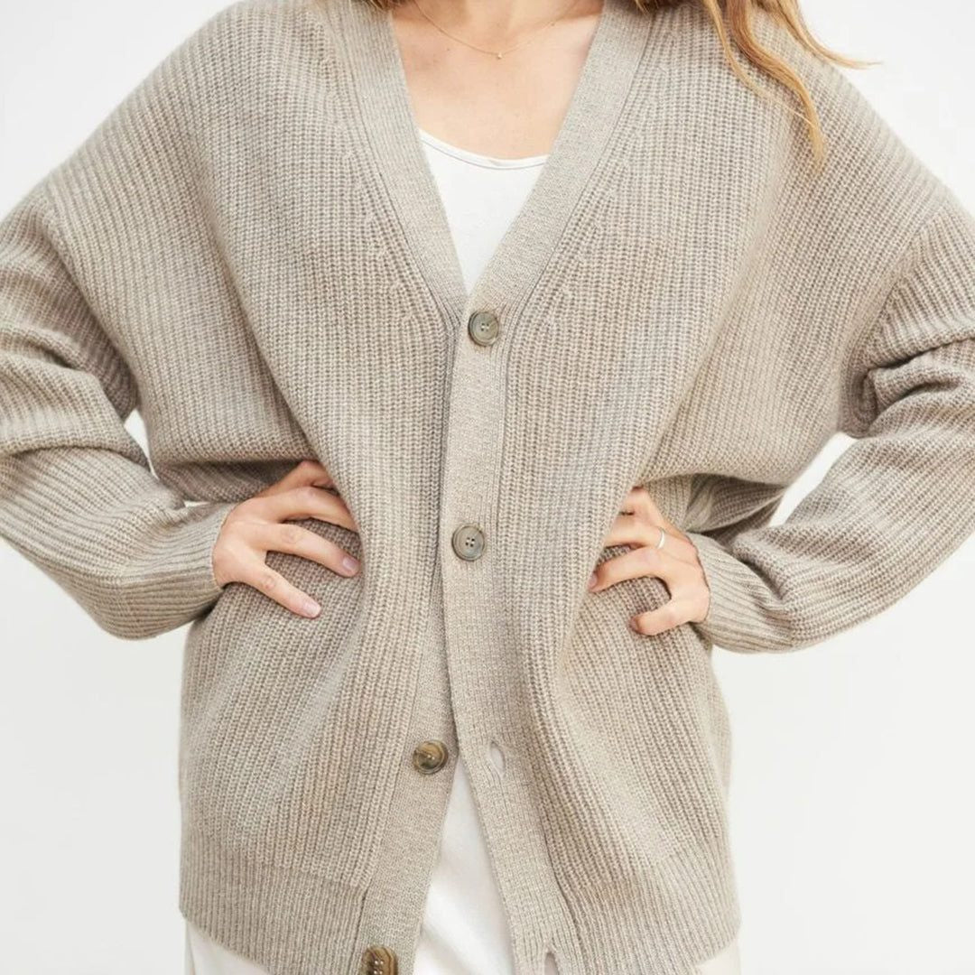 Oversized V-Neck Ribbed Cardigan - Beige