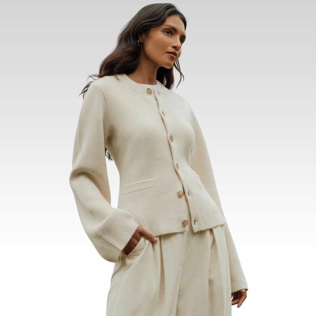 Crew-Neck Cardigan with Contrast Buttons - White