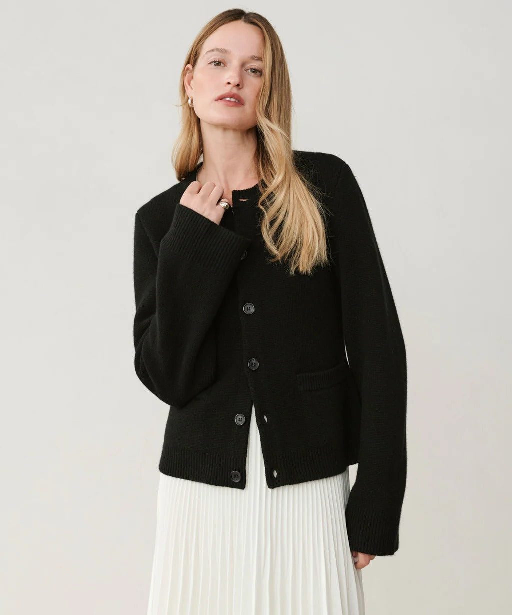 Crew-Neck Cardigan with Contrast Buttons - Black