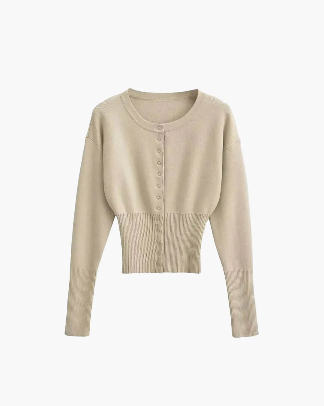 Cropped Ribbed Button-Front Cardigan - Beige