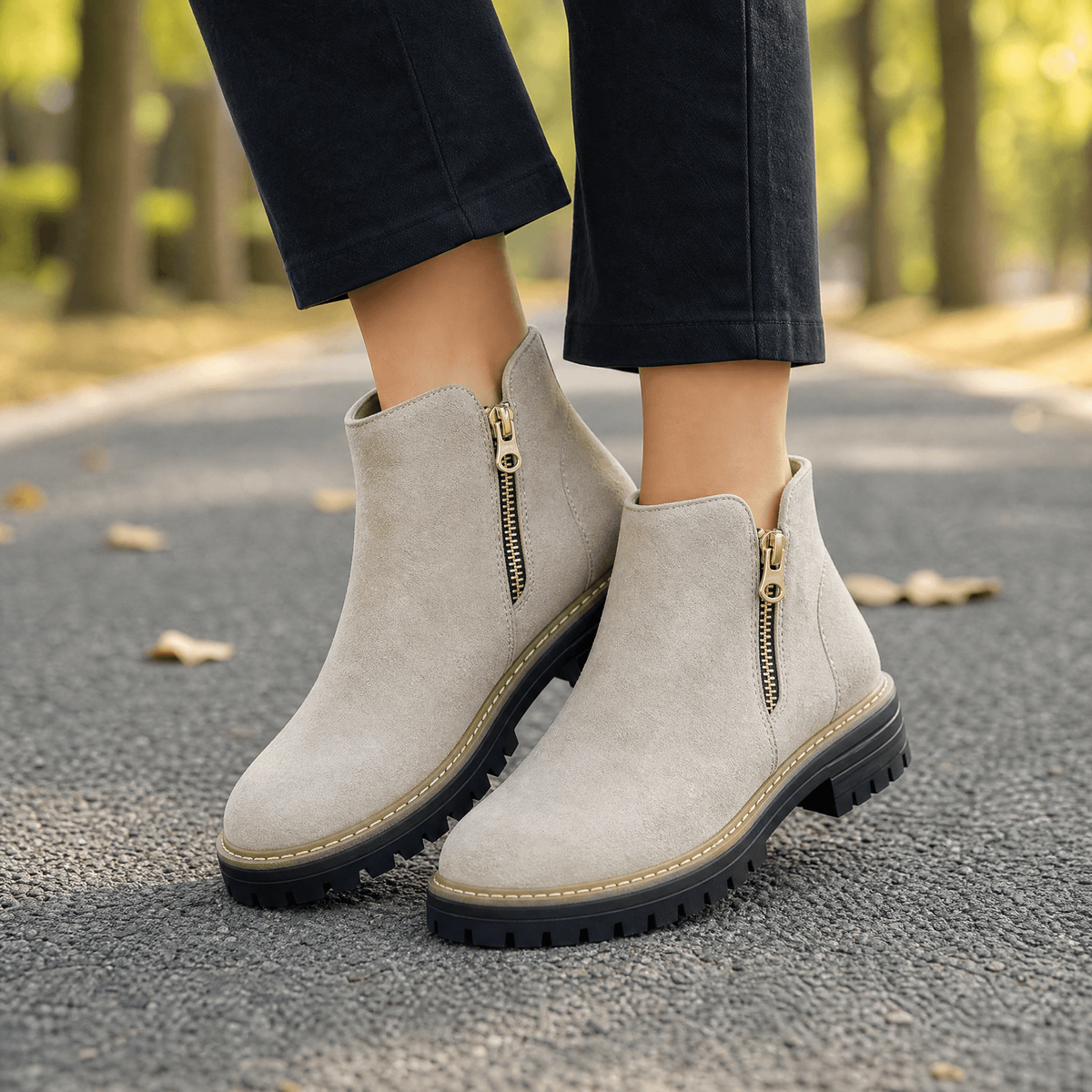 Chelsea Boots mit Reißverschluss und runder Spitze für Damen - Beige