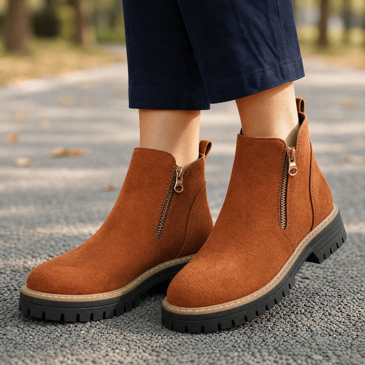 Chelsea Boots mit Reißverschluss und runder Spitze für Damen - Braun