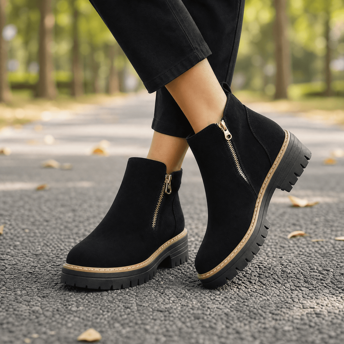 Chelsea Boots mit Reißverschluss und runder Spitze für Damen - Schwarz