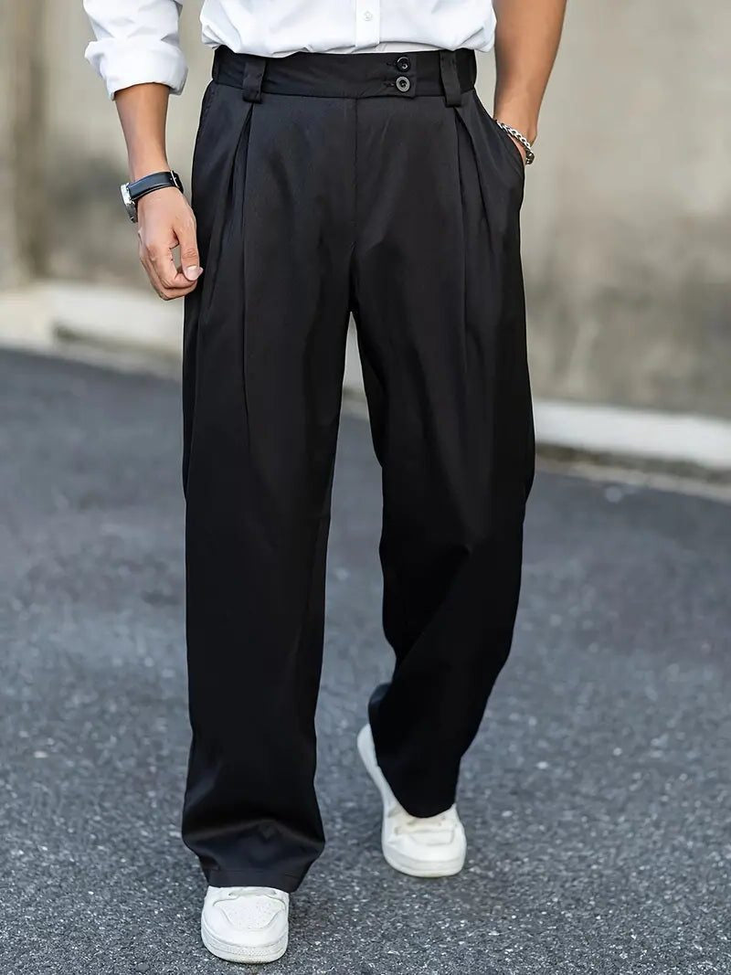 Chino Hose mit weitem Bein und Bundfalten für Herren - Schwarz
