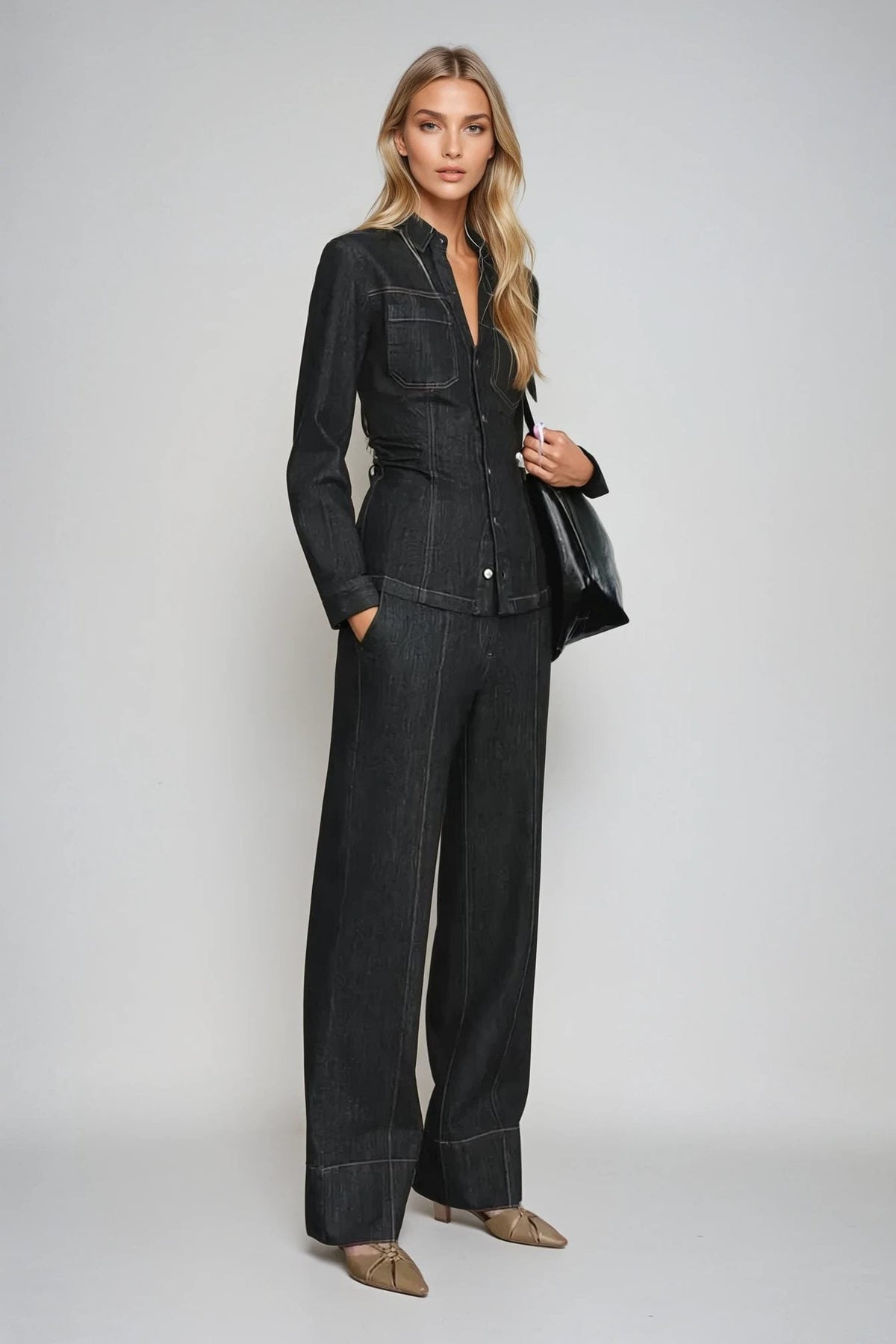 Denim Shirt and Straight-Leg Trouser Co-Ord - Black