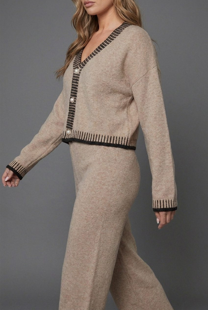 Knitted Cardigan and Wide-Leg Trouser Co-Ord - Khaki