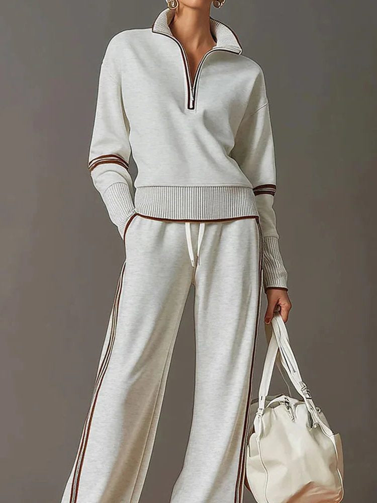 Quarter-Zip Knit Top and Wide-Leg Trouser Co-Ord - White
