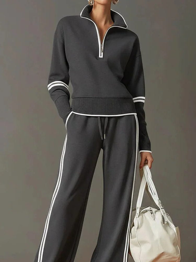 Quarter-Zip Knit Top and Wide-Leg Trouser Co-Ord - Grey