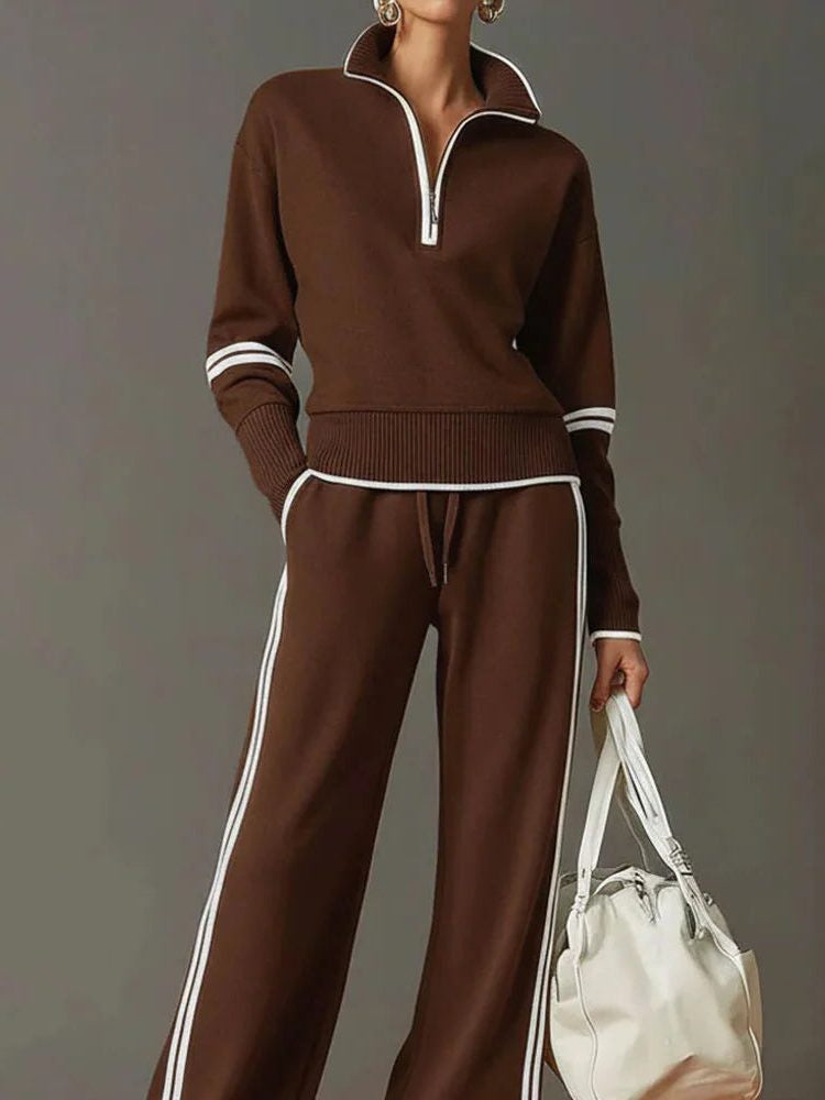 Quarter-Zip Knit Top and Wide-Leg Trouser Co-Ord - Brown