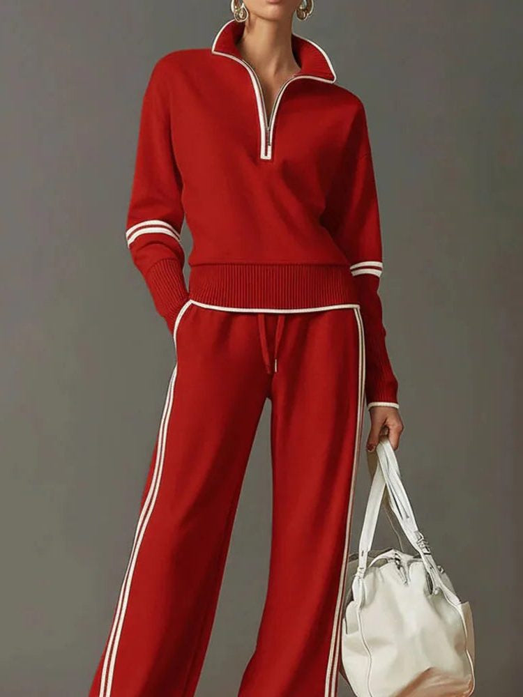 Quarter-Zip Knit Top and Wide-Leg Trouser Co-Ord - Red