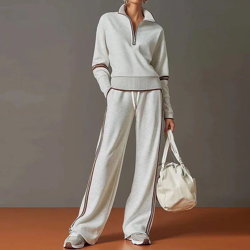 Quarter-Zip Knit Top and Wide-Leg Trouser Co-Ord - White