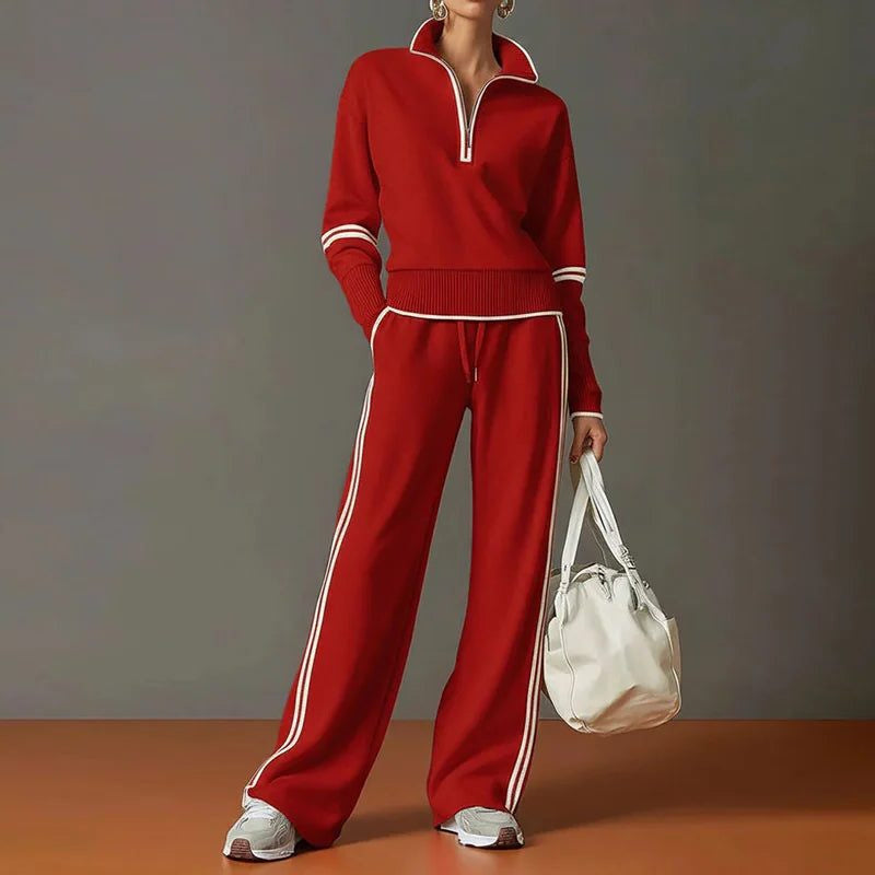 Quarter-Zip Knit Top and Wide-Leg Trouser Co-Ord - Red