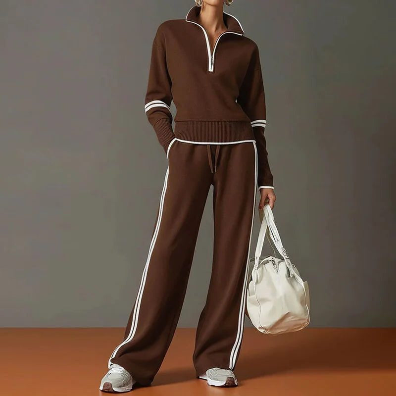 Quarter-Zip Knit Top and Wide-Leg Trouser Co-Ord - Brown