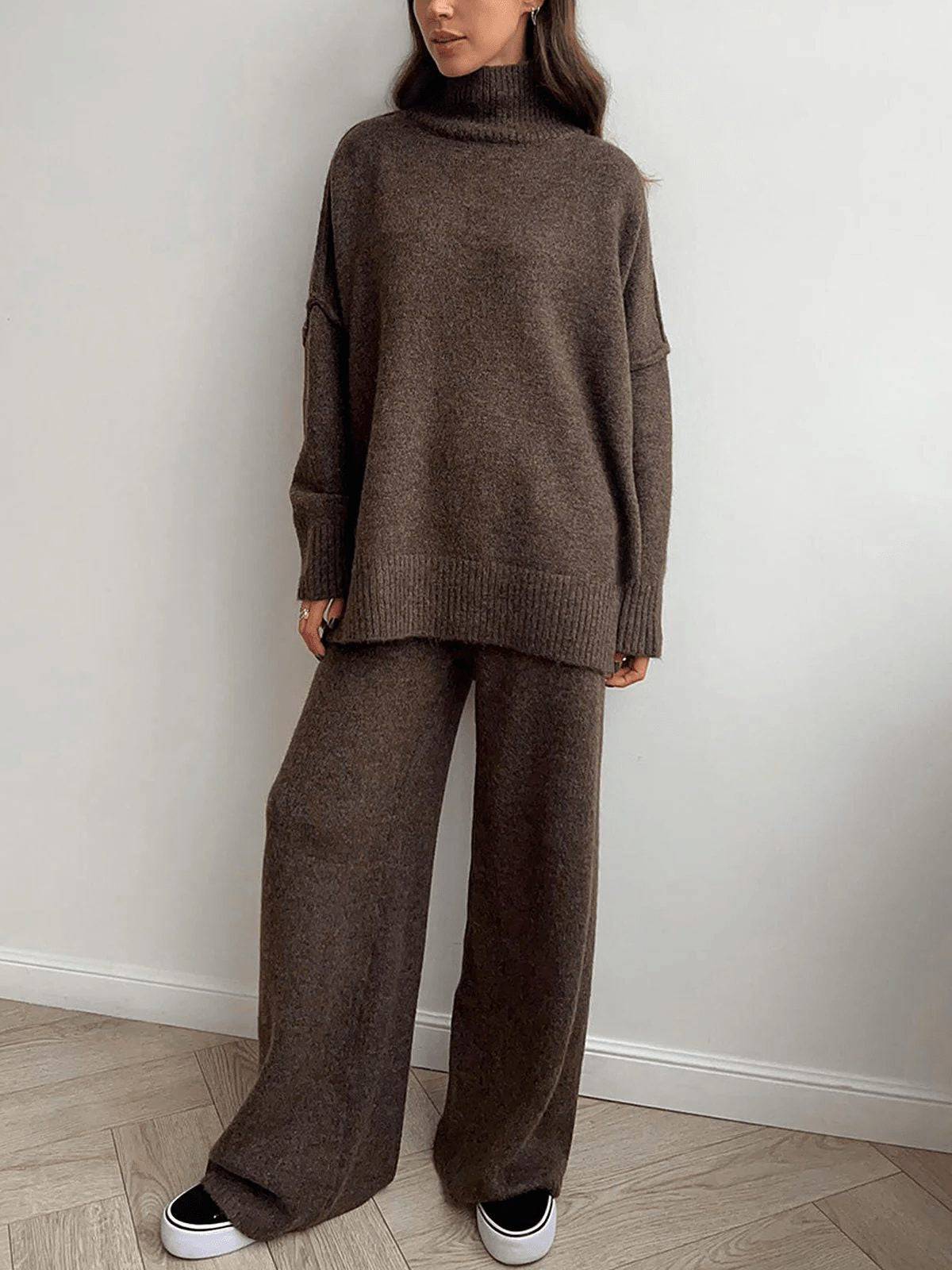 Oversized Roll-Neck Knit Co-Ord with Wide-Leg Trousers - Dark Brown