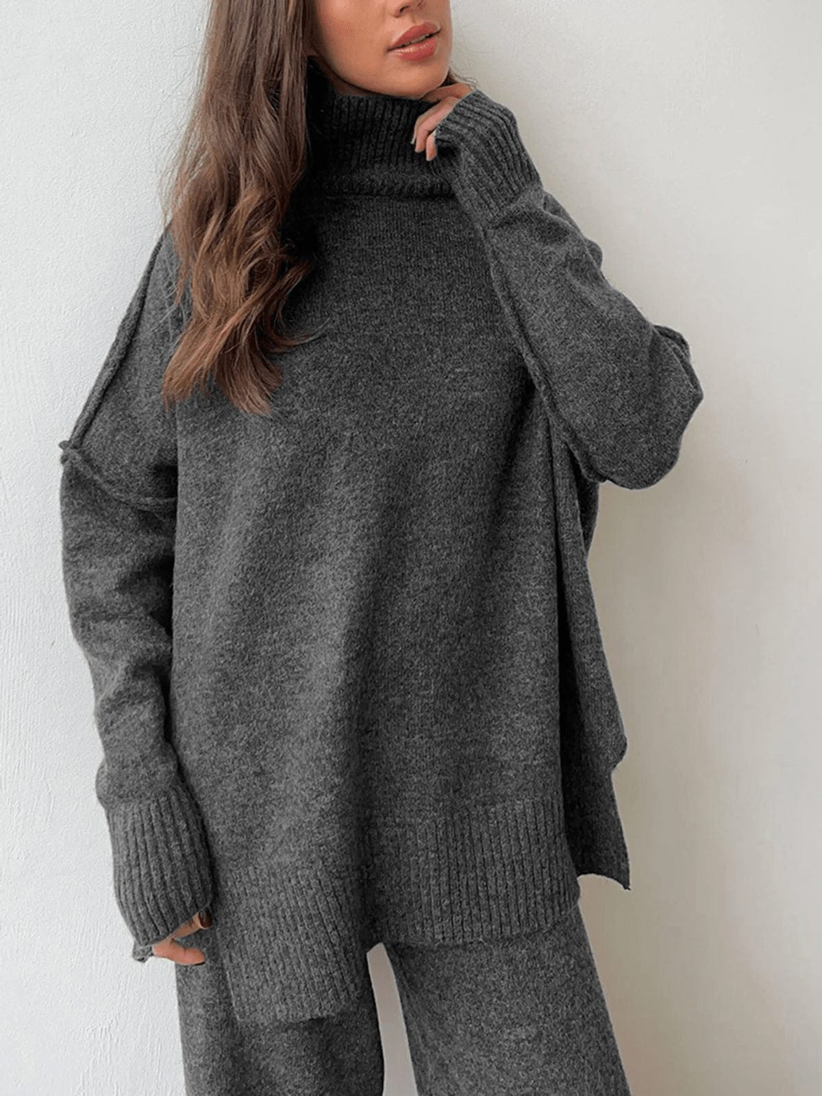 Oversized Roll-Neck Knit Co-Ord with Wide-Leg Trousers - Grey