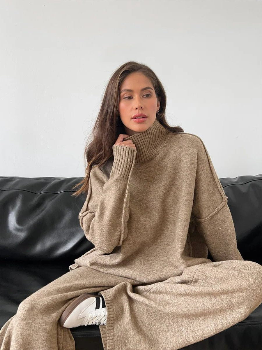 Oversized Roll-Neck Knit Co-Ord with Wide-Leg Trousers - Brown