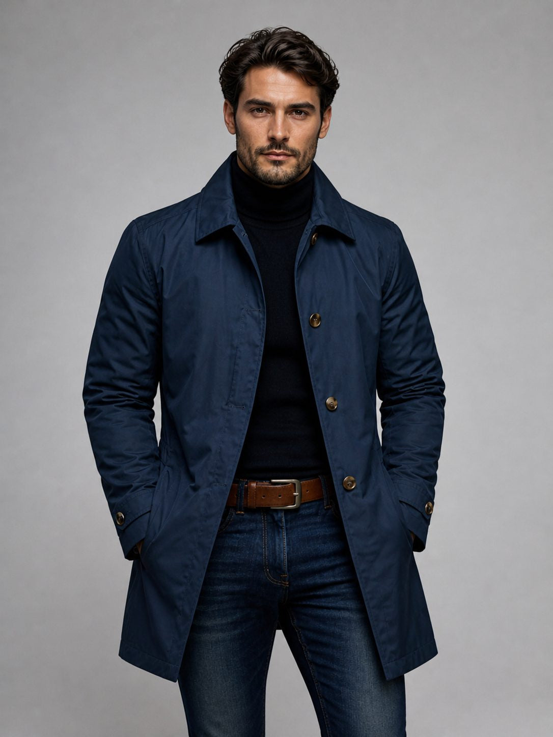 Single-Breasted Trench Coat with Angled Pockets - Navy
