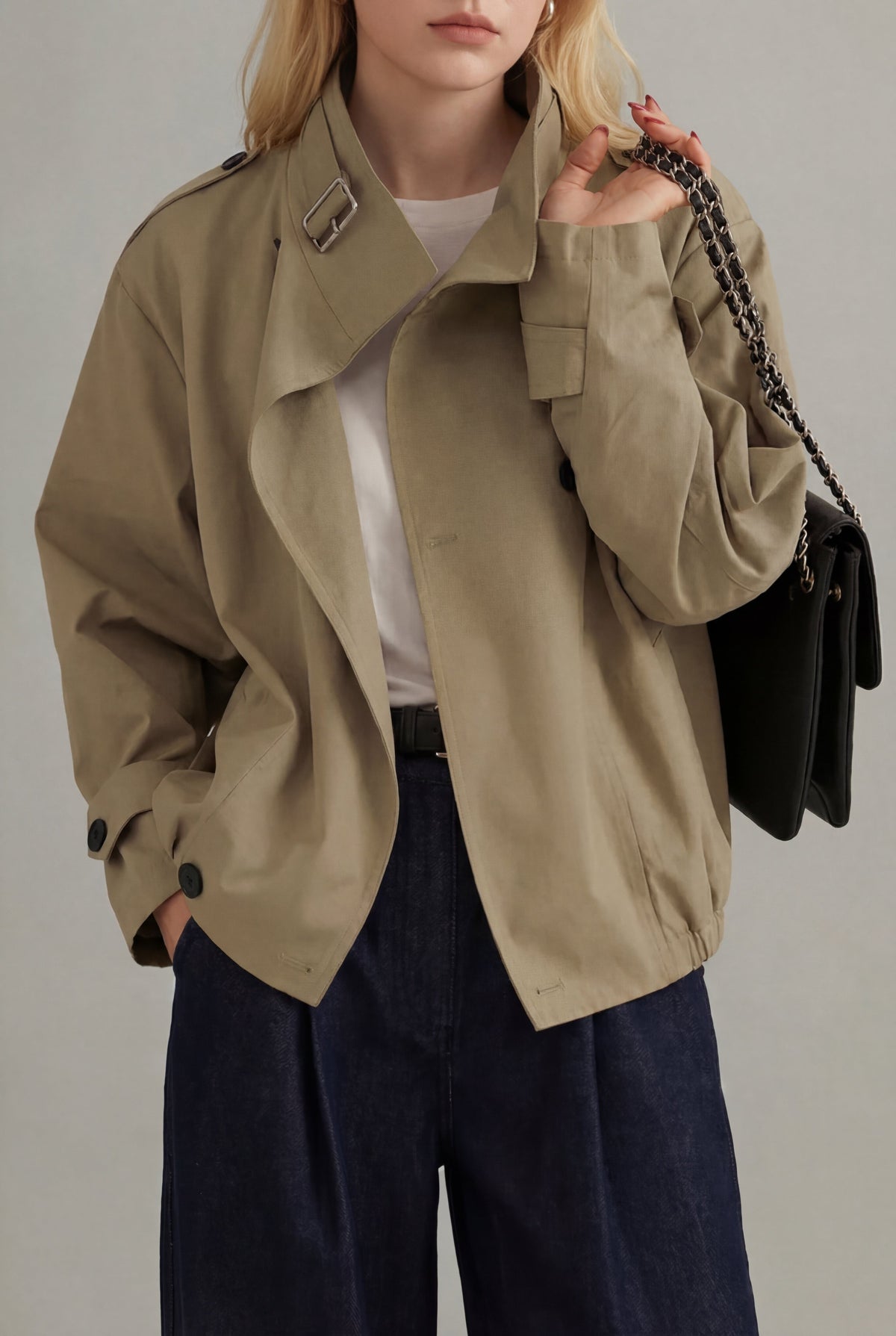 Oversized Short Trench Jacket with Cuff Tabs - Khaki