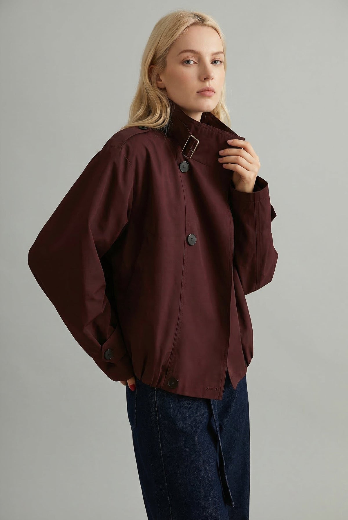 Oversized Short Trench Jacket with Cuff Tabs - Crimson