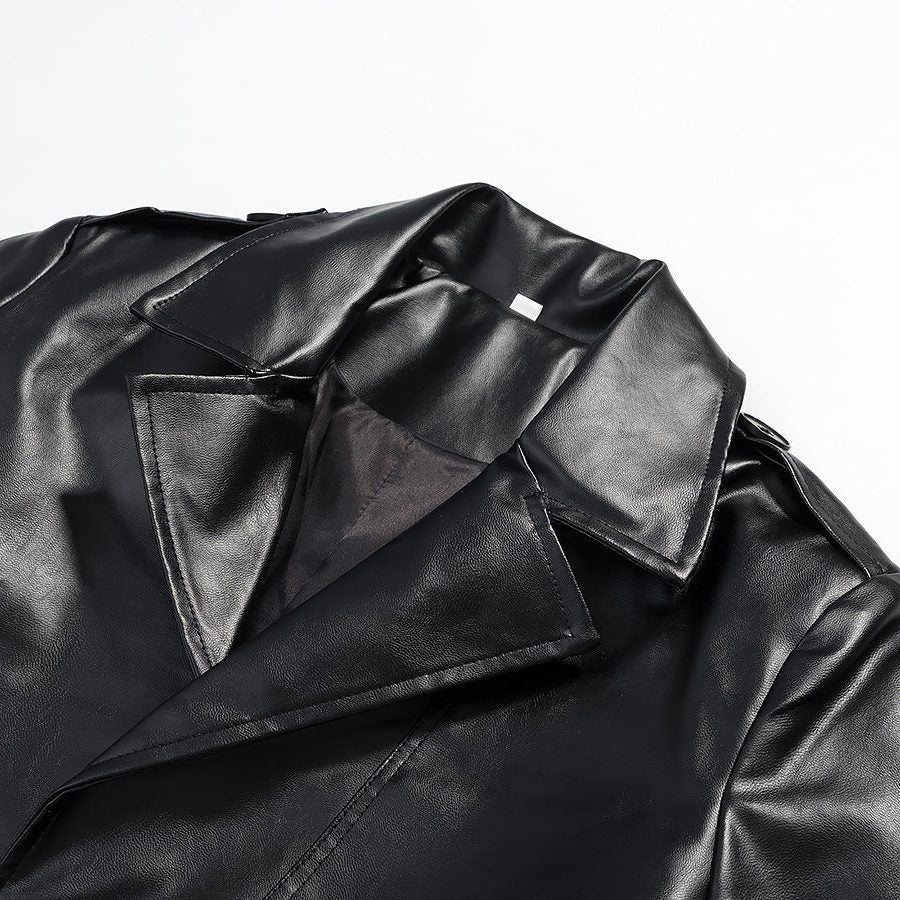 Button-Front Leather-Look Trench Coat with Belt - Black