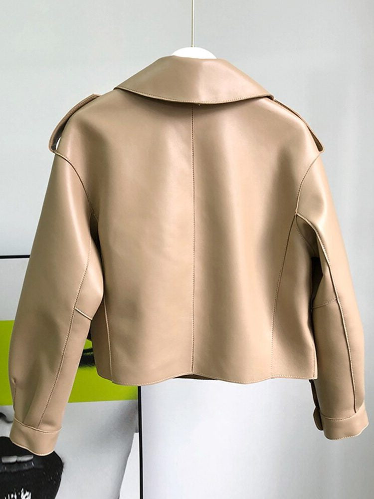Cropped Leather-Look Biker Trench Jacket - Light Brown